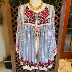Velzera Boho Festival Embroidered Striped Tie Front Tunic Top Large